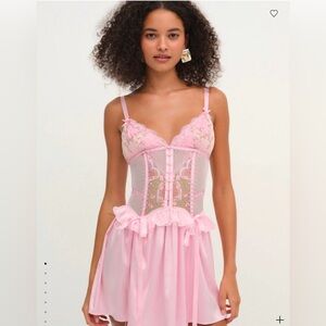 NEW For Love and Lemons ily embroidered slip dress Pink Embroidered Mesh Chemise